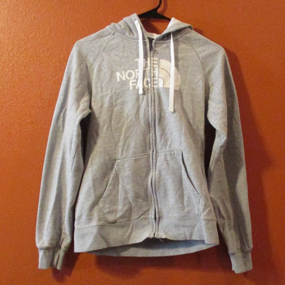 North Face Jacket Woman Medium Gray White Full Zip Pockets Outdoor Hooded Jacket